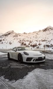 Preview wallpaper porsche, car, sports car, white, snow, mountains