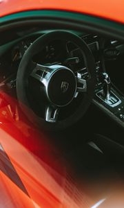 Preview wallpaper porsche, car, sportscar, red, steering wheel