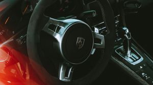 Preview wallpaper porsche, car, sportscar, red, steering wheel