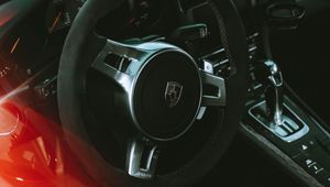 Preview wallpaper porsche, car, sportscar, red, steering wheel