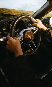 Preview wallpaper porsche, car, sportscar, steering wheel, hands