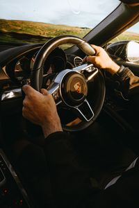 Preview wallpaper porsche, car, sportscar, steering wheel, hands