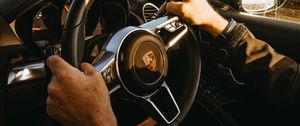 Preview wallpaper porsche, car, sportscar, steering wheel, hands