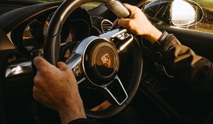 Preview wallpaper porsche, car, sportscar, steering wheel, hands
