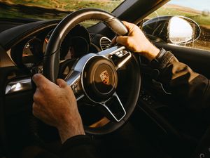 Preview wallpaper porsche, car, sportscar, steering wheel, hands