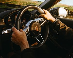 Preview wallpaper porsche, car, sportscar, steering wheel, hands