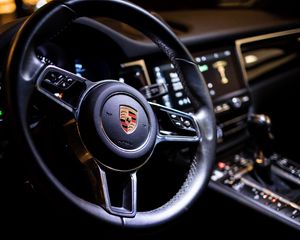 Preview wallpaper porsche, car, steering wheel, salon