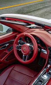 Preview wallpaper porsche, car, steering wheel, salon, seat, red