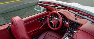 Preview wallpaper porsche, car, steering wheel, salon, seat, red