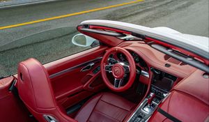 Preview wallpaper porsche, car, steering wheel, salon, seat, red