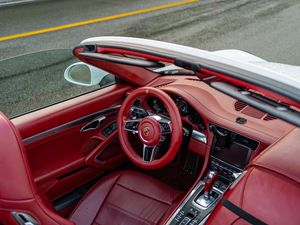 Preview wallpaper porsche, car, steering wheel, salon, seat, red