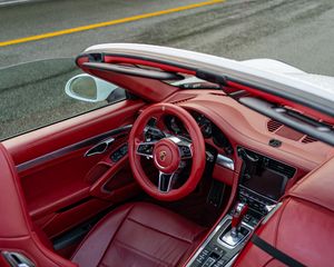 Preview wallpaper porsche, car, steering wheel, salon, seat, red