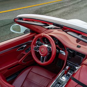 Preview wallpaper porsche, car, steering wheel, salon, seat, red