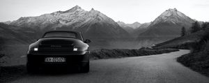 Preview wallpaper porsche carrera, porsche, car, sports car, black, bw, mountains