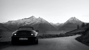 Preview wallpaper porsche carrera, porsche, car, sports car, black, bw, mountains