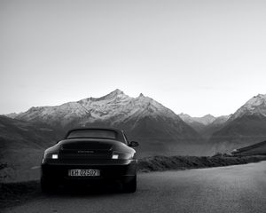 Preview wallpaper porsche carrera, porsche, car, sports car, black, bw, mountains