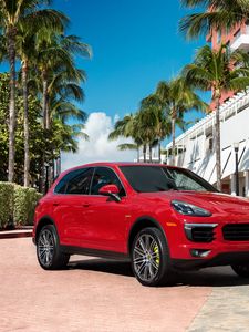 Preview wallpaper porsche cayenne, porsche, red, side view, palm trees