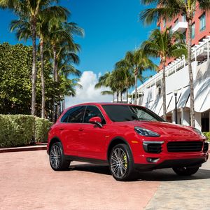 Preview wallpaper porsche cayenne, porsche, red, side view, palm trees