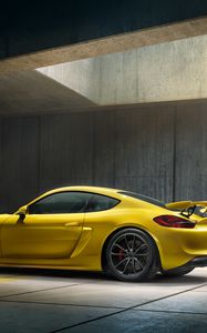 Preview wallpaper porsche, cayman, gt4, yellow, side view