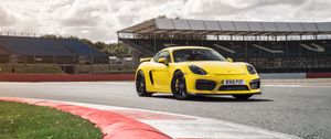 Preview wallpaper porsche, cayman, gt4, yellow, side view