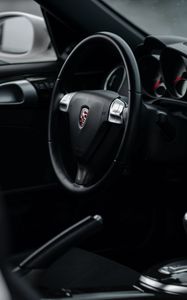 Preview wallpaper porsche cayman s, porsche, car, salon, black, steering wheel