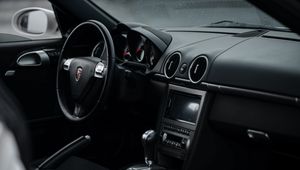 Preview wallpaper porsche cayman s, porsche, car, salon, black, steering wheel