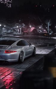 Preview wallpaper porsche cayman s, porsche, car, gray, night, rain