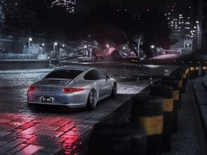 Preview wallpaper porsche cayman s, porsche, car, gray, night, rain