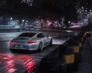 Preview wallpaper porsche cayman s, porsche, car, gray, night, rain