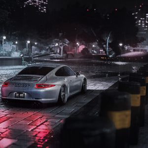 Preview wallpaper porsche cayman s, porsche, car, gray, night, rain