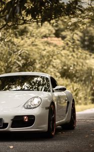 Preview wallpaper porsche cayman s, porsche, car, sports car, white, front view, asphalt