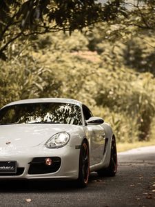 Preview wallpaper porsche cayman s, porsche, car, sports car, white, front view, asphalt