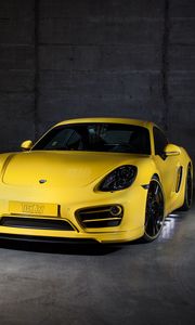 Preview wallpaper porsche, cayman, yellow, front view