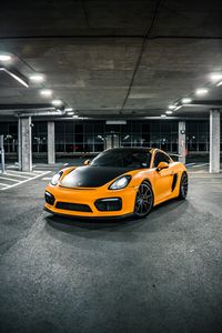 Preview wallpaper porsche gt4, porsche, car, side view, yellow