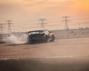 Preview wallpaper porsche gt4, porsche, car, gray, drift, smoke, track