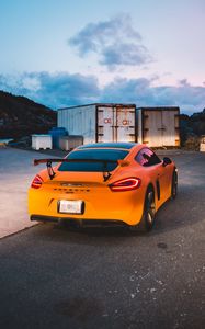 Preview wallpaper porsche gt4, porsche, sports car, car, spoiler, yellow