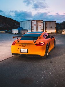 Preview wallpaper porsche gt4, porsche, sports car, car, spoiler, yellow