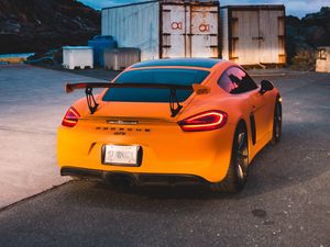 Preview wallpaper porsche gt4, porsche, sports car, car, spoiler, yellow