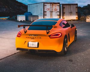 Preview wallpaper porsche gt4, porsche, sports car, car, spoiler, yellow