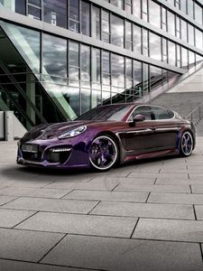 Preview wallpaper porsche, panamera, grand, side view, purple