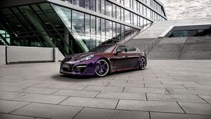 Preview wallpaper porsche, panamera, grand, side view, purple