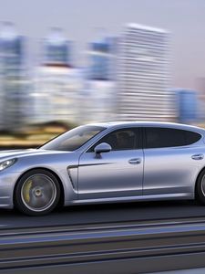 Preview wallpaper porsche, panamera, side view, movement, silver