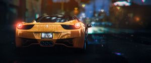 Preview wallpaper porsche, sportscar, yellow, rear view, light, wet