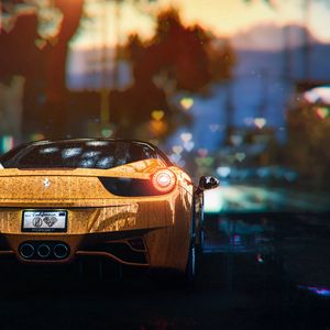 Preview wallpaper porsche, sportscar, yellow, rear view, light, wet