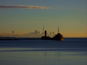 Preview wallpaper port credit, sea, buildings, city, canada, sunrise