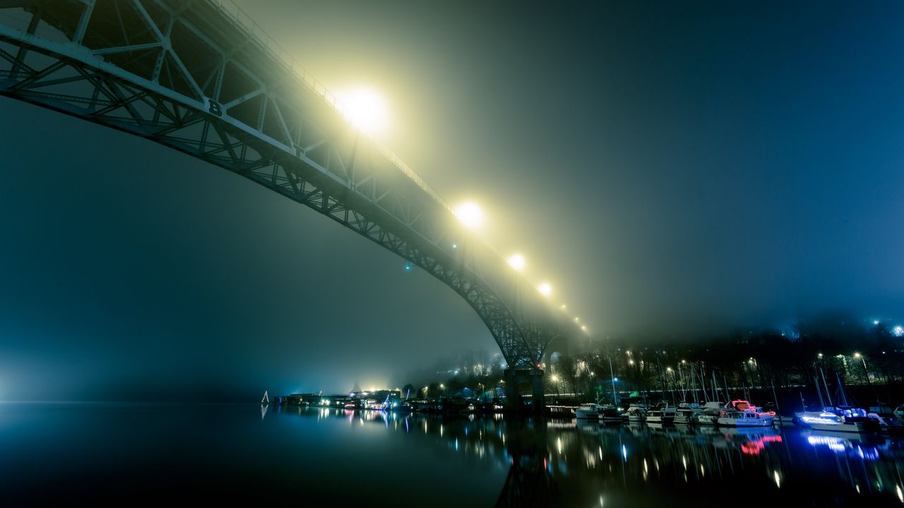 Wallpaper port, fog, bridge, night city