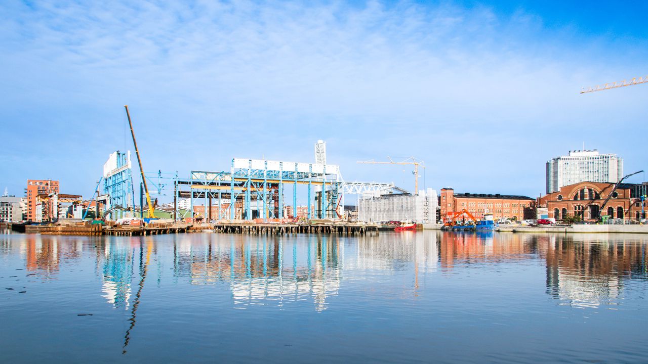 Wallpaper port, sea, buildings, construction crane