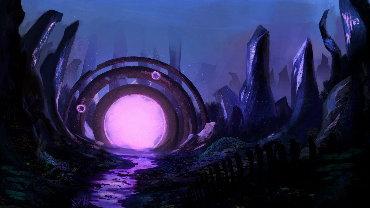 Wallpaper portal, ruins, glow, art, purple