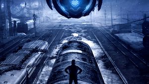 Preview wallpaper portal, train, silhouette, railway, cyberpunk, art