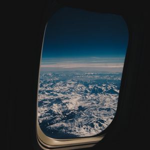 Preview wallpaper porthole, airplane, mountains